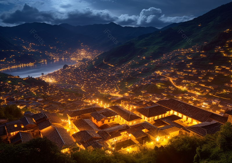 晚上苗寨民居山峰下村庄的夜景实拍摄影图,高清,摄影图,摄影图片,图片大全,摄影图免费下载